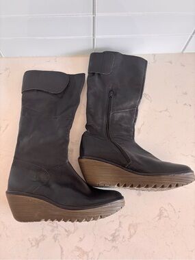 Fly London Black Leather Wedge Zip Boots with Brown Wedge
